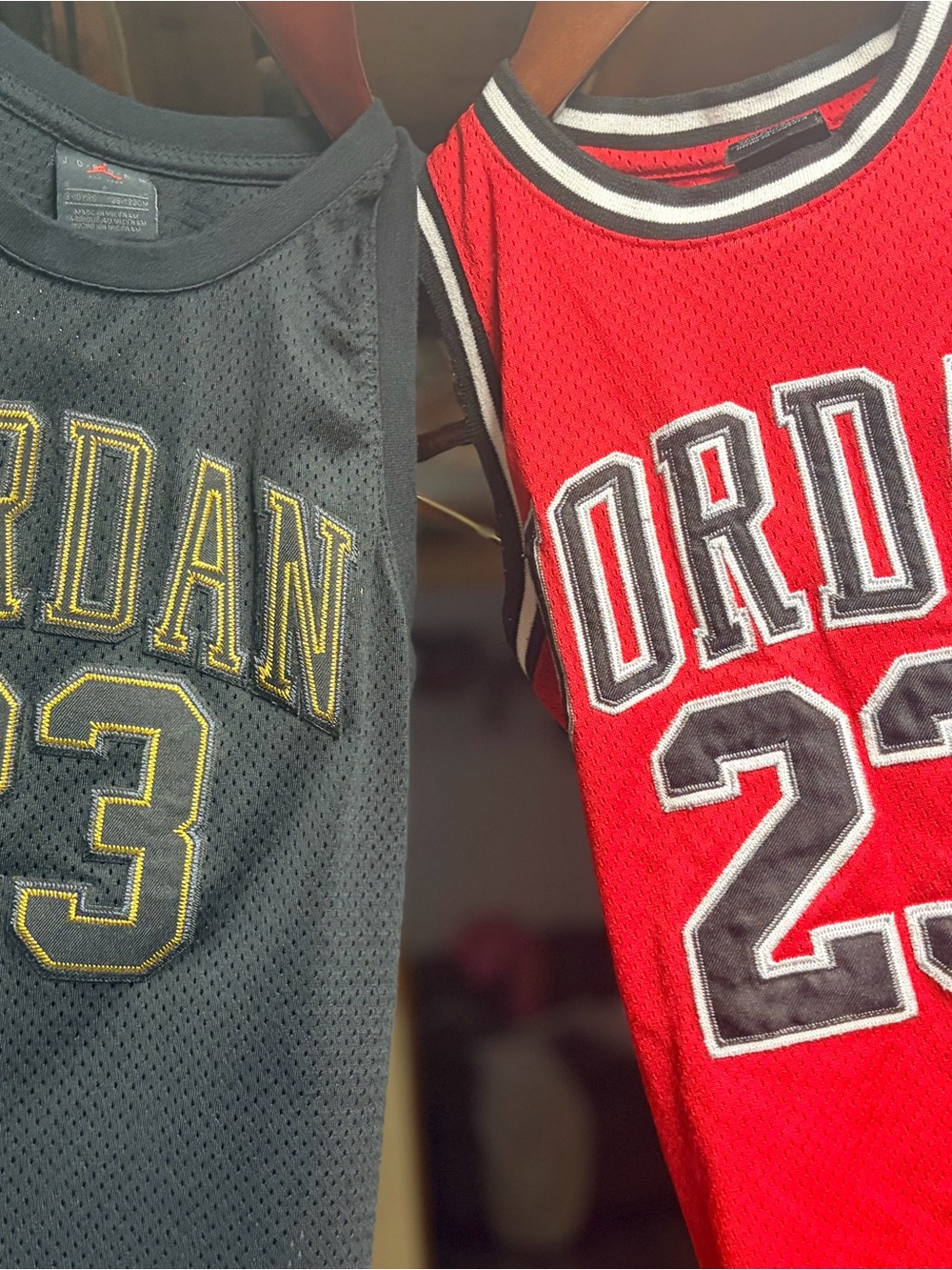 Boys Medium Jordan Jerseys in Red and Black as well as black and gold. Authentic